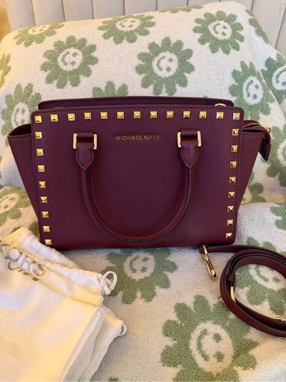 MICHAEL KORS Wine/Gold Studded Saffiano Satchel